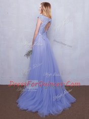 Clearance Scoop Backless Lavender Cap Sleeves Brush Train Lace and Belt With Train Damas Dress