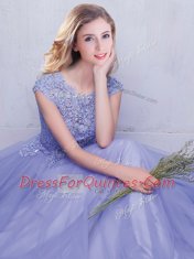 Clearance Scoop Backless Lavender Cap Sleeves Brush Train Lace and Belt With Train Damas Dress