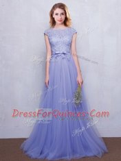 Clearance Scoop Backless Lavender Cap Sleeves Brush Train Lace and Belt With Train Damas Dress