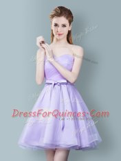 Attractive Lavender Empire Straps Cap Sleeves Tulle Knee Length Zipper Ruching and Bowknot Vestidos de Damas