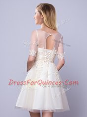 Admirable Scoop Half Sleeves Tulle Mini Length Lace Up Court Dresses for Sweet 16 in Champagne with Appliques