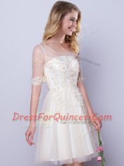 Admirable Scoop Half Sleeves Tulle Mini Length Lace Up Court Dresses for Sweet 16 in Champagne with Appliques