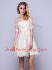 Admirable Scoop Half Sleeves Tulle Mini Length Lace Up Court Dresses for Sweet 16 in Champagne with Appliques