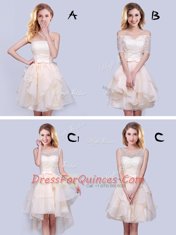 Sleeveless Mini Length Lace and Ruffles and Belt Lace Up Quinceanera Court of Honor Dress with Champagne