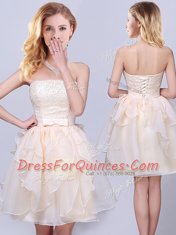 Sleeveless Mini Length Lace and Ruffles and Belt Lace Up Quinceanera Court of Honor Dress with Champagne
