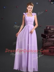 Romantic Straps Lavender Sleeveless Ruching and Hand Made Flower Floor Length Vestidos de Damas