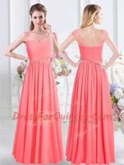 Graceful Floor Length Watermelon Red Vestidos de Damas Scoop Cap Sleeves Zipper