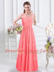 Graceful Floor Length Watermelon Red Vestidos de Damas Scoop Cap Sleeves Zipper