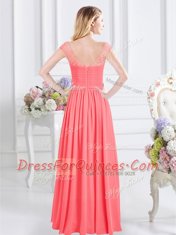 Graceful Floor Length Watermelon Red Vestidos de Damas Scoop Cap Sleeves Zipper