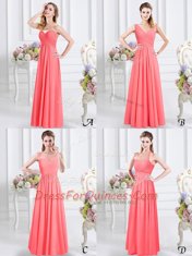 Graceful Floor Length Watermelon Red Vestidos de Damas Scoop Cap Sleeves Zipper