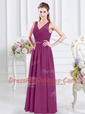 Fuchsia Empire Lace and Ruching Quinceanera Dama Dress Side Zipper Chiffon Sleeveless Floor Length