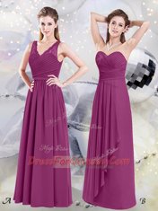 Fuchsia Empire Lace and Ruching Quinceanera Dama Dress Side Zipper Chiffon Sleeveless Floor Length