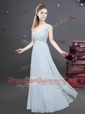 Best Selling One Shoulder Floor Length Grey Quinceanera Court Dresses Chiffon Sleeveless Ruching