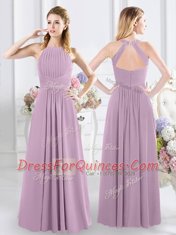 Floor Length Lavender Quinceanera Court Dresses Halter Top Sleeveless Zipper