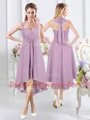 Popular Halter Top Sleeveless Chiffon Knee Length Zipper Vestidos de Damas in Lavender with Ruching