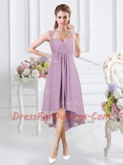 Popular Halter Top Sleeveless Chiffon Knee Length Zipper Vestidos de Damas in Lavender with Ruching