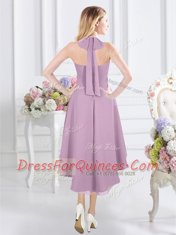 Popular Halter Top Sleeveless Chiffon Knee Length Zipper Vestidos de Damas in Lavender with Ruching