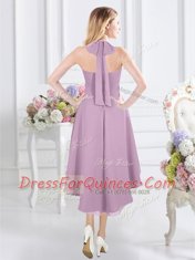 Popular Halter Top Sleeveless Chiffon Knee Length Zipper Vestidos de Damas in Lavender with Ruching
