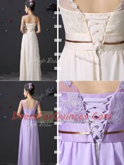 Charming Scoop See Through Lavender Sleeveless Floor Length Lace and Appliques and Belt Lace Up Vestidos de Damas