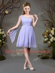 Decent One Shoulder Mini Length Lavender Vestidos de Damas Chiffon Sleeveless Beading and Ruching