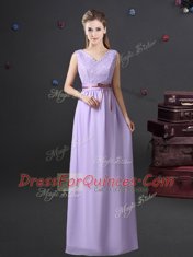 Lavender Sleeveless Floor Length Lace and Appliques and Belt Lace Up Dama Dress for Quinceanera