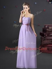 Lavender Sleeveless Floor Length Lace and Appliques and Belt Lace Up Dama Dress for Quinceanera