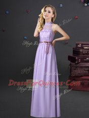 Lavender Sleeveless Floor Length Lace and Appliques and Belt Lace Up Dama Dress for Quinceanera