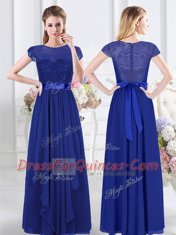 Scoop Short Sleeves Dama Dress for Quinceanera Floor Length Lace and Belt Royal Blue Chiffon