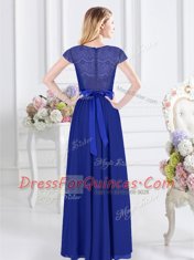 Scoop Short Sleeves Dama Dress for Quinceanera Floor Length Lace and Belt Royal Blue Chiffon