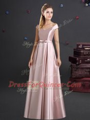 Pretty Off the Shoulder Pink Cap Sleeves Elastic Woven Satin Zipper Court Dresses for Sweet 16 for Prom and Party and Wedding Party