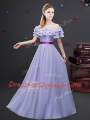 Elegant Off The Shoulder Short Sleeves Damas Dress Floor Length Ruffled Layers and Belt Lavender Chiffon