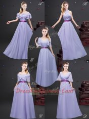 Elegant Off The Shoulder Short Sleeves Damas Dress Floor Length Ruffled Layers and Belt Lavender Chiffon