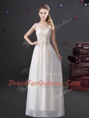 Sleeveless Chiffon Floor Length Zipper Dama Dress for Quinceanera in White with Lace and Appliques and Bowknot