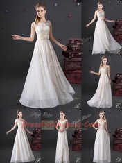 Sleeveless Chiffon Floor Length Zipper Dama Dress for Quinceanera in White with Lace and Appliques and Bowknot