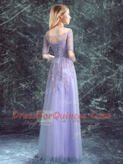 Square Appliques Quinceanera Court of Honor Dress Lavender Lace Up Half Sleeves Floor Length