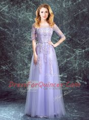Square Appliques Quinceanera Court of Honor Dress Lavender Lace Up Half Sleeves Floor Length