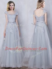 Scoop Tulle Cap Sleeves Floor Length Vestidos de Damas and Lace and Appliques and Belt