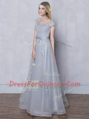 Scoop Tulle Cap Sleeves Floor Length Vestidos de Damas and Lace and Appliques and Belt