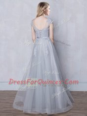 Scoop Tulle Cap Sleeves Floor Length Vestidos de Damas and Lace and Appliques and Belt