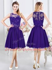 Scoop See Through Knee Length Purple Dama Dress Scalloped Sleeveless Zipper