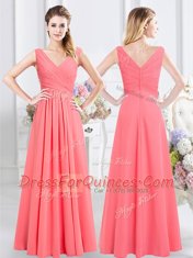 Nice Watermelon Red Chiffon Zipper Sweetheart Sleeveless Floor Length Court Dresses for Sweet 16 Lace and Ruching