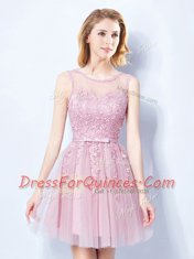 Elegant Pink Tulle Lace Up Scoop Sleeveless Mini Length Dama Dress Appliques and Belt