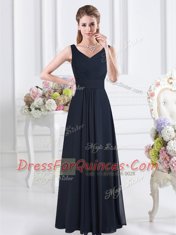 Ruching Quinceanera Dama Dress Navy Blue Zipper Sleeveless Floor Length