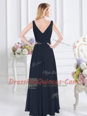 Ruching Quinceanera Dama Dress Navy Blue Zipper Sleeveless Floor Length
