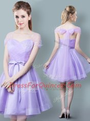 Amazing Straps Lavender Cap Sleeves Ruching and Bowknot Knee Length Dama Dress for Quinceanera