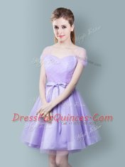 Amazing Straps Lavender Cap Sleeves Ruching and Bowknot Knee Length Dama Dress for Quinceanera