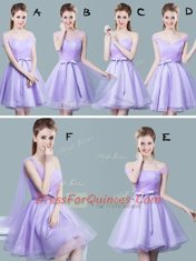 Amazing Straps Lavender Cap Sleeves Ruching and Bowknot Knee Length Dama Dress for Quinceanera