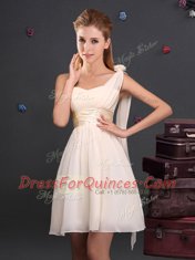 Champagne Zipper One Shoulder Ruching and Hand Made Flower Quinceanera Court Dresses Chiffon Sleeveless