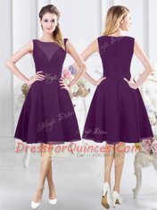 Empire Quinceanera Court of Honor Dress Purple Bateau Chiffon Sleeveless Knee Length Zipper