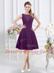 Empire Quinceanera Court of Honor Dress Purple Bateau Chiffon Sleeveless Knee Length Zipper